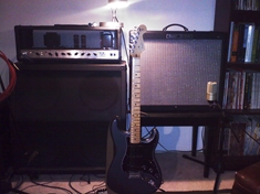 Peavey 5150, 2008 Fender USA Stratocaster, and my Fender Deville 212.